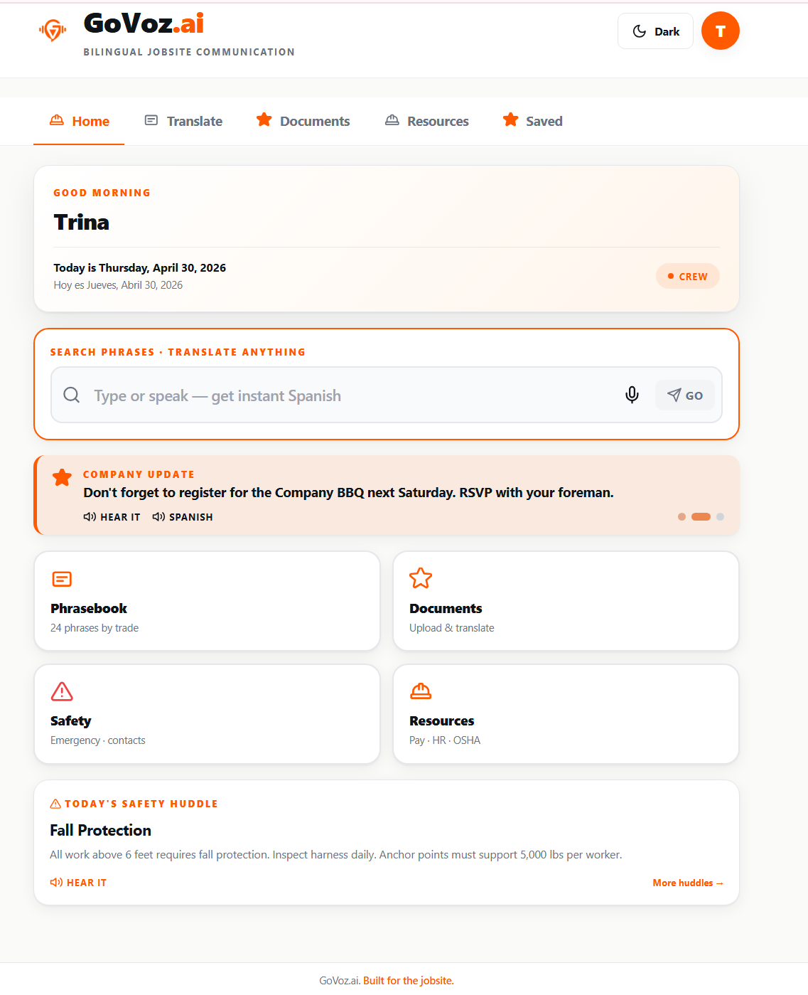 Home dashboard